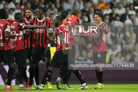 Tijjani Reijnders central midfield of AC Milan and Netherlands celebrates after scoring his sides first goal during the UEFA Champions Leagu...