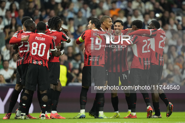 Tijjani Reijnders central midfield of AC Milan and Netherlands celebrates after scoring his sides first goal during the UEFA Champions Leagu...