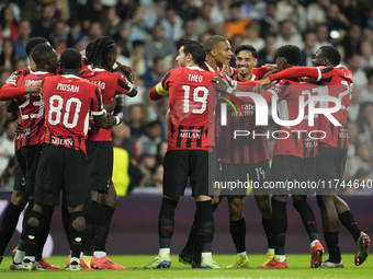 Tijjani Reijnders central midfield of AC Milan and Netherlands celebrates after scoring his sides first goal during the UEFA Champions Leagu...