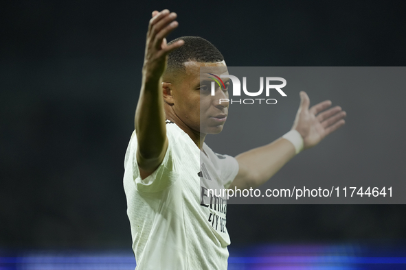 Kylian Mbappe centre-forward of Real Madrid and France reacts during the UEFA Champions League 2024/25 League Phase MD4 match between Real M...