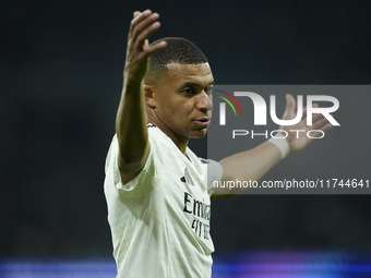 Kylian Mbappe centre-forward of Real Madrid and France reacts during the UEFA Champions League 2024/25 League Phase MD4 match between Real M...