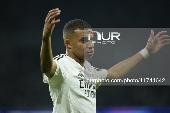 Kylian Mbappe centre-forward of Real Madrid and France reacts during the UEFA Champions League 2024/25 League Phase MD4 match between Real M...