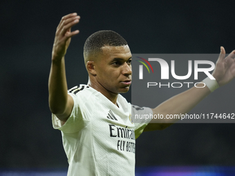 Kylian Mbappe centre-forward of Real Madrid and France reacts during the UEFA Champions League 2024/25 League Phase MD4 match between Real M...