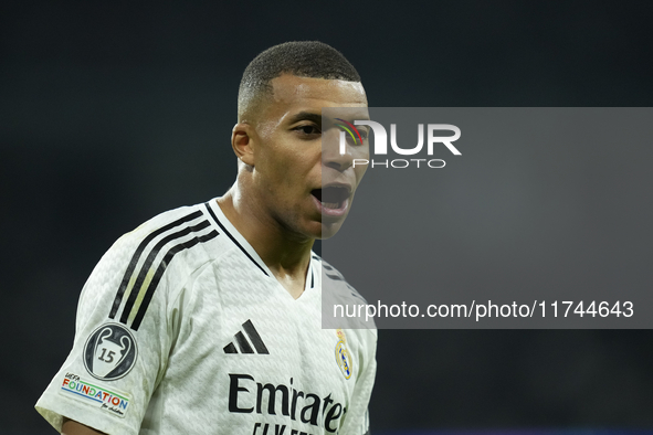 Kylian Mbappe centre-forward of Real Madrid and France reacts during the UEFA Champions League 2024/25 League Phase MD4 match between Real M...