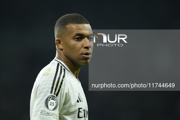 Kylian Mbappe centre-forward of Real Madrid and France reacts during the UEFA Champions League 2024/25 League Phase MD4 match between Real M...