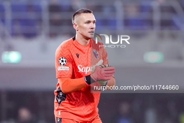 Lukasz Skorupski of Bologna FC during the UEFA Champions League 2024/25 League Phase MD4 match between Bologna FC and AS Monaco at Stadio Re...