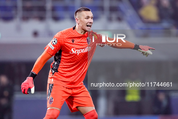 Lukasz Skorupski of Bologna FC gestures during the UEFA Champions League 2024/25 League Phase MD4 match between Bologna FC and AS Monaco at...