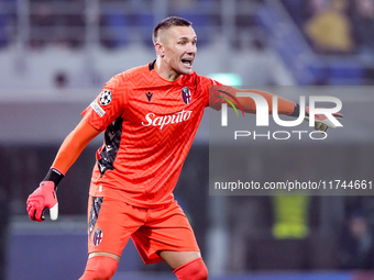 Lukasz Skorupski of Bologna FC gestures during the UEFA Champions League 2024/25 League Phase MD4 match between Bologna FC and AS Monaco at...