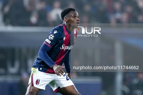 Jhon Lucumi of Bologna FC looks on during the UEFA Champions League 2024/25 League Phase MD4 match between Bologna FC and AS Monaco at Stadi...