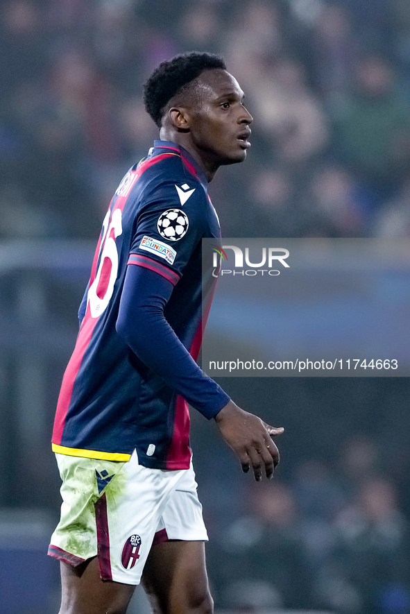 Jhon Lucumi of Bologna FC looks on during the UEFA Champions League 2024/25 League Phase MD4 match between Bologna FC and AS Monaco at Stadi...