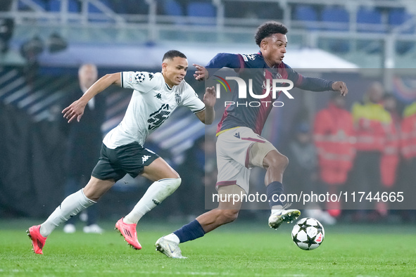 Dan Ndoye of Bologna FC and Vanderson of AS Monaco compete for the ball during the UEFA Champions League 2024/25 League Phase MD4 match betw...