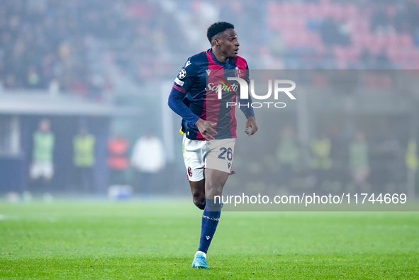 Jhon Lucumi of Bologna FC looks on during the UEFA Champions League 2024/25 League Phase MD4 match between Bologna FC and AS Monaco at Stadi...