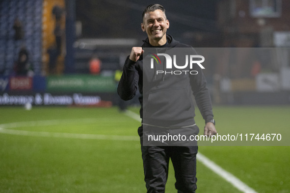 Wycombe Wanderers F.C. manager Matt Bloomfield celebrates at full time during the Sky Bet League 1 match between Stockport County and Wycomb...