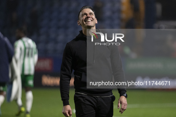 Wycombe Wanderers F.C. manager Matt Bloomfield celebrates at full time during the Sky Bet League 1 match between Stockport County and Wycomb...