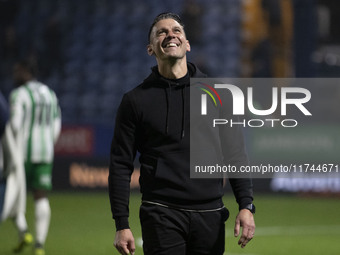 Wycombe Wanderers F.C. manager Matt Bloomfield celebrates at full time during the Sky Bet League 1 match between Stockport County and Wycomb...