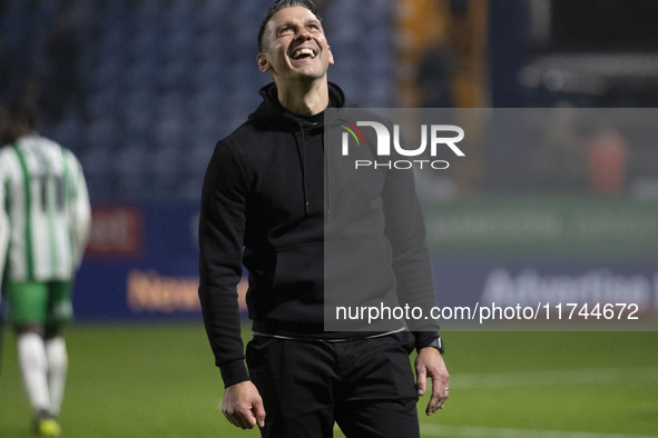 Wycombe Wanderers F.C. manager Matt Bloomfield celebrates at full time during the Sky Bet League 1 match between Stockport County and Wycomb...