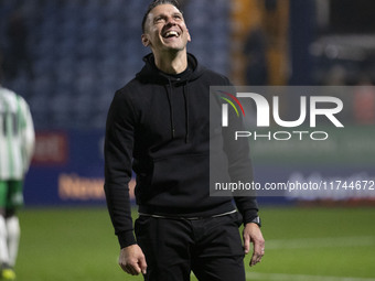 Wycombe Wanderers F.C. manager Matt Bloomfield celebrates at full time during the Sky Bet League 1 match between Stockport County and Wycomb...