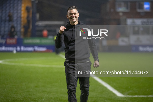 Wycombe Wanderers F.C. manager Matt Bloomfield celebrates at full time during the Sky Bet League 1 match between Stockport County and Wycomb...