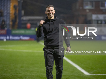 Wycombe Wanderers F.C. manager Matt Bloomfield celebrates at full time during the Sky Bet League 1 match between Stockport County and Wycomb...