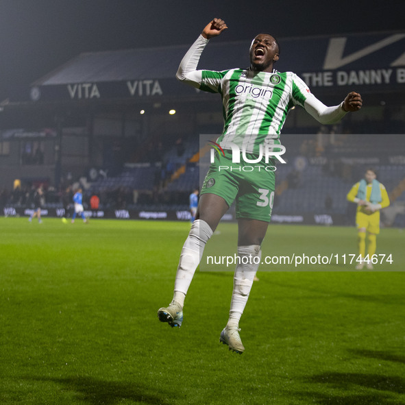 Beryly Lubala #30 of Wycombe Wanderers F.C. celebrates at full time during the Sky Bet League 1 match between Stockport County and Wycombe W...