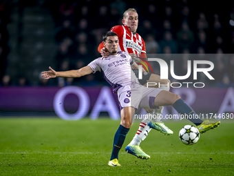 Girona FC defender Miguel Gutierrez and PSV Eindhoven defender Rick Karsdorp play during the match between PSV and Girona at the Philips Sta...