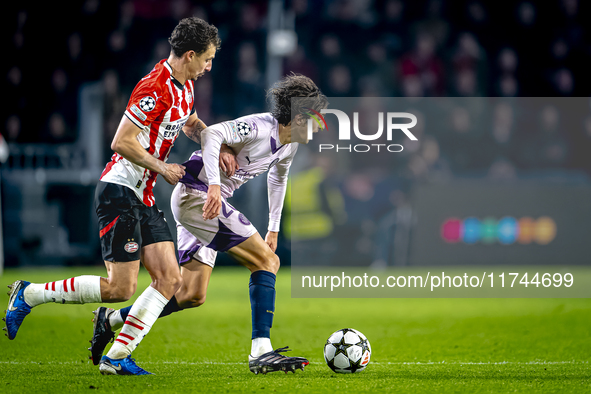 PSV Eindhoven defender Olivier Boscagli and Girona FC forward Bryan Gil participate in the match between PSV and Girona at the Philips Stadi...