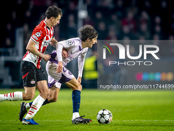 PSV Eindhoven defender Olivier Boscagli and Girona FC forward Bryan Gil participate in the match between PSV and Girona at the Philips Stadi...