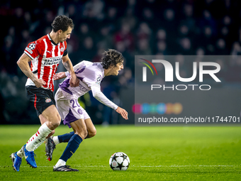 PSV Eindhoven defender Olivier Boscagli and Girona FC forward Bryan Gil participate in the match between PSV and Girona at the Philips Stadi...