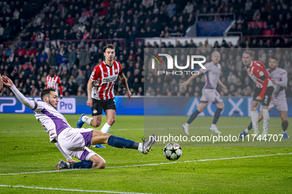 Girona FC defender Arnau Martinez participates in the match between PSV and Girona at the Philips Stadium for the UEFA Champions League - Le...