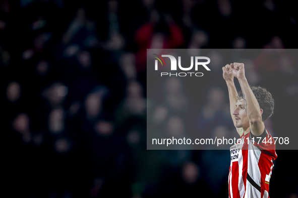 PSV Eindhoven defender Olivier Boscagli celebrates the victory after the game during the match between PSV and Girona at the Philips Stadium...