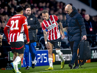 PSV Eindhoven forward Noa Lang becomes injured and leaves the pitch during the match between PSV and Girona at the Philips Stadium for the U...