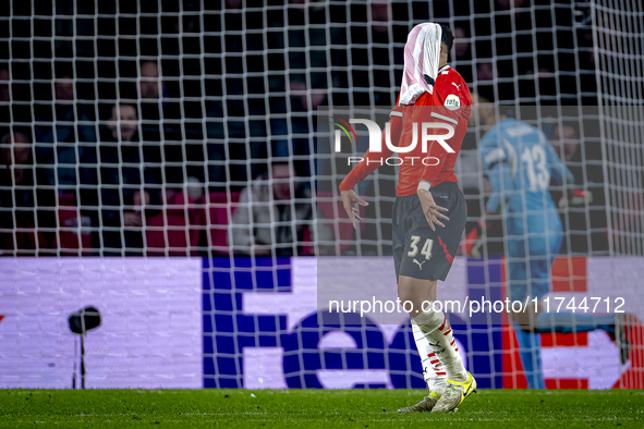 PSV Eindhoven midfielder Ismael Saibari appears dejected after a missed chance during the match between PSV and Girona at the Philips Stadiu...