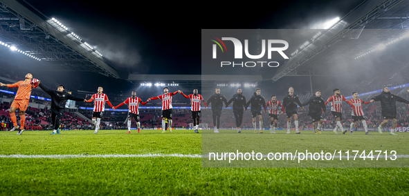 Players of PSV celebrate the victory after the game during the match between PSV and Girona at the Philips Stadium for the UEFA Champions Le...