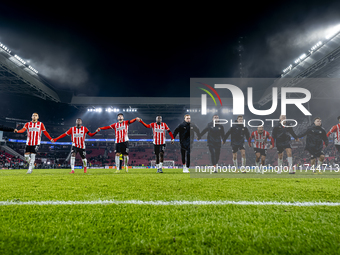 Players of PSV celebrate the victory after the game during the match between PSV and Girona at the Philips Stadium for the UEFA Champions Le...