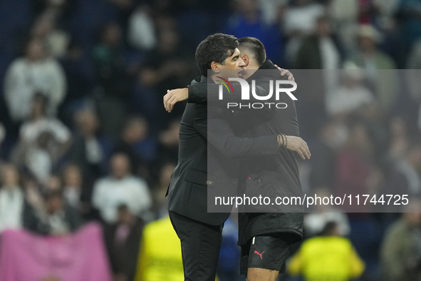 Paulo Fonseca head coach of AC Milan and Alvaro Morata centre-forward of AC Milan and Spain celebrate victory after the UEFA Champions Leagu...