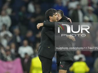 Paulo Fonseca head coach of AC Milan and Alvaro Morata centre-forward of AC Milan and Spain celebrate victory after the UEFA Champions Leagu...