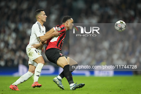 Lucas Vazquez right winger of Real Madrid and Spain and Noah Okafor left Winger of AC Milan and Switzerland compete for the ball during the...