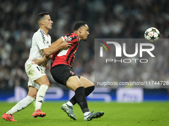 Lucas Vazquez right winger of Real Madrid and Spain and Noah Okafor left Winger of AC Milan and Switzerland compete for the ball during the...