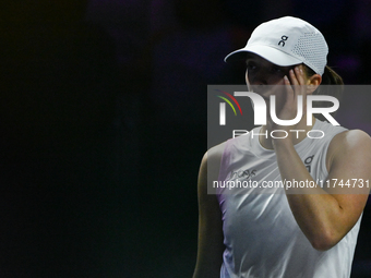 RIYADH, SAUDI ARABIA - NOVEMBER 05: Iga Swiatek of Poland during her match against Coco Gauff of USA, on day 4 of the 2024 WTA Finals, part...