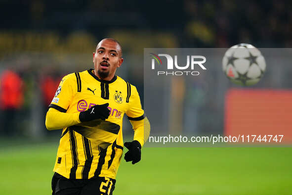 Donyell Malen of Borussia Dortmund  looks on during the Champions League Round 4 match between Borussia Dortmund v SK Sturm Graz at the Sign...