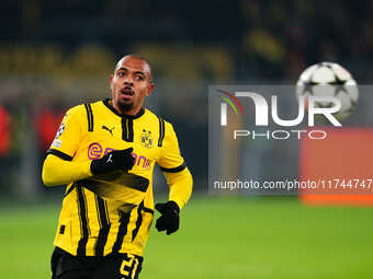 Donyell Malen of Borussia Dortmund  looks on during the Champions League Round 4 match between Borussia Dortmund v SK Sturm Graz at the Sign...