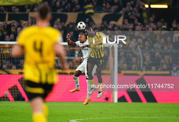 Serhou Guirassy of Borussia Dortmund  heads during the Champions League Round 4 match between Borussia Dortmund v SK Sturm Graz at the Signa...