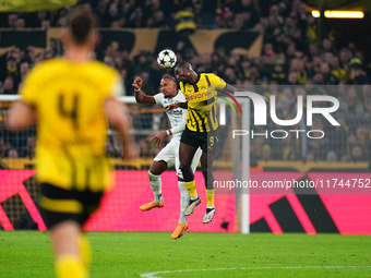 Serhou Guirassy of Borussia Dortmund  heads during the Champions League Round 4 match between Borussia Dortmund v SK Sturm Graz at the Signa...