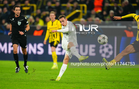 Lovro Zvonarek of SK Sturm Graz  shoots on goal during the Champions League Round 4 match between Borussia Dortmund v SK Sturm Graz at the S...