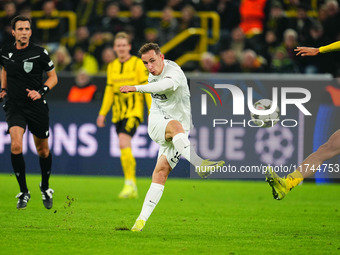 Lovro Zvonarek of SK Sturm Graz  shoots on goal during the Champions League Round 4 match between Borussia Dortmund v SK Sturm Graz at the S...