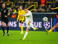 Lovro Zvonarek of SK Sturm Graz  shoots on goal during the Champions League Round 4 match between Borussia Dortmund v SK Sturm Graz at the S...