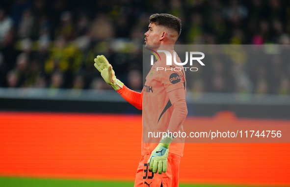 Alexander Meyer of Borussia Dortmund  gestures during the Champions League Round 4 match between Borussia Dortmund v SK Sturm Graz at the Si...