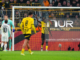 Serhou Guirassy of Borussia Dortmund  gestures during the Champions League Round 4 match between Borussia Dortmund v SK Sturm Graz at the Si...