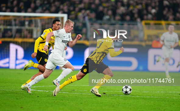 Mika Biereth of SK Sturm Graz  controls the ball during the Champions League Round 4 match between Borussia Dortmund v SK Sturm Graz at the...