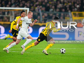 Mika Biereth of SK Sturm Graz  controls the ball during the Champions League Round 4 match between Borussia Dortmund v SK Sturm Graz at the...